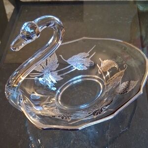 SILVER OVERLAY GLASS SWAN TRINKET BOWL